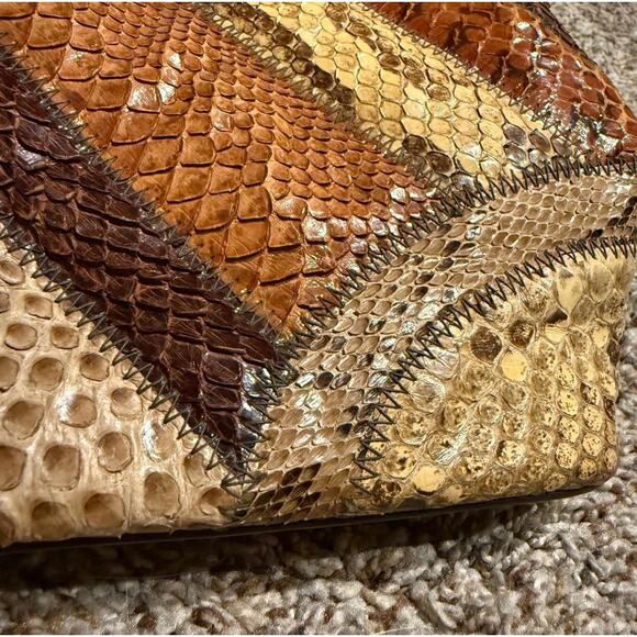 Supreme Vintage Patchwork Snakeskin Leather Handbag Brown Tan Top Handle Purse - Picture 11 of 12